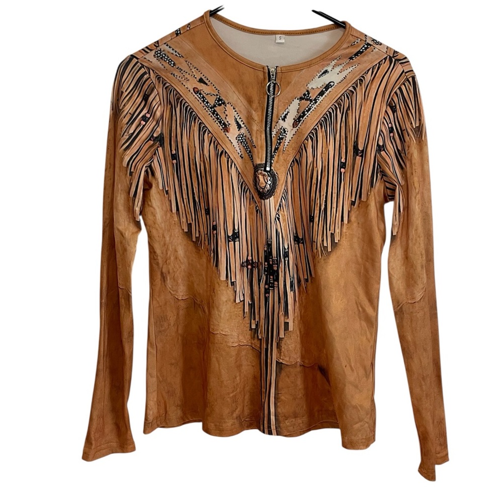 Temu Fringed Graphic Long Sleeve Quarter Zip Size Small - Picture 2 of 4